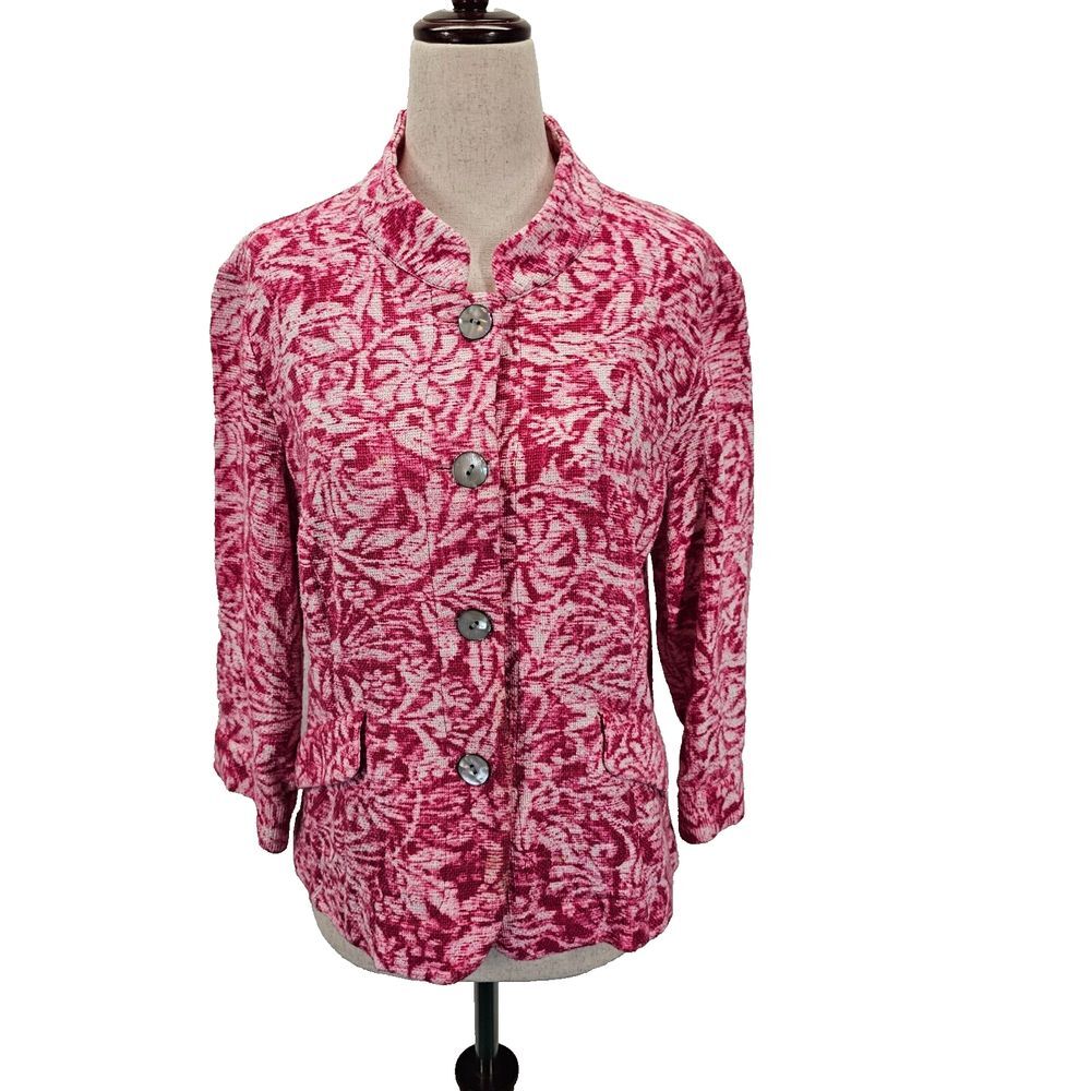 Coldwater Creek Jacket Womens Size 12 Floral Buttons Banded Collar Coat Pink EUC